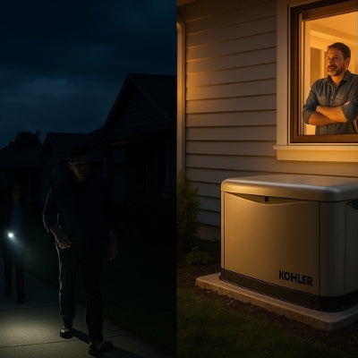 A split panoramic photograph compares a nighttime blackout to generator powered home