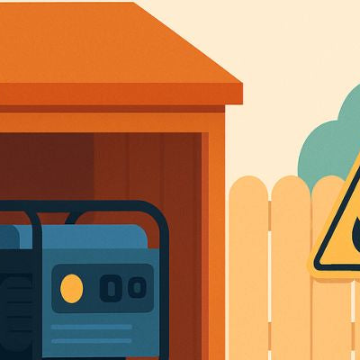 Minimalist illustration of a generator housed in a wooden enclosure with a warning sign on a fence, surrounded by trees and clouds.