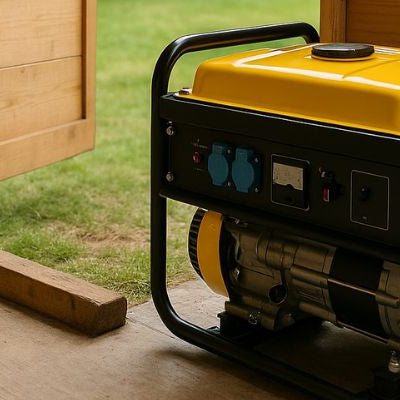 Yellow portable generator inside a wooden shed with doors open to a green backyard.