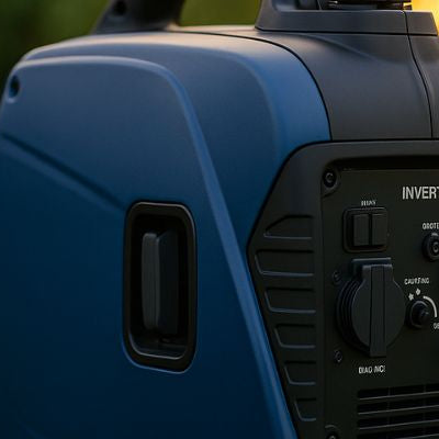Portable inverter generator on a grassy backyard at sunset