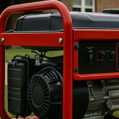 Portable red generator on a suburban lawn with a brick house in the background under overcast skies.