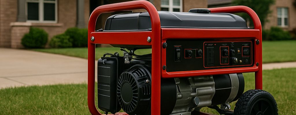 Portable red generator on a suburban lawn with a brick house in the background under overcast skies.