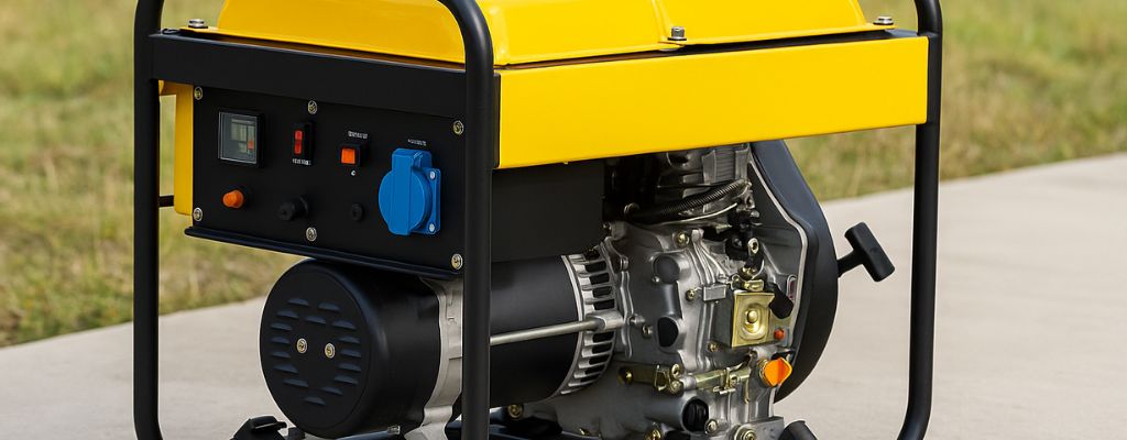 Portable yellow diesel generator with control panel and engine components highlighted in natural outdoor light