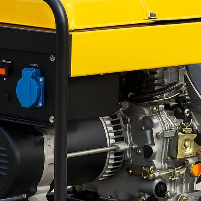 Portable yellow diesel generator with control panel and engine components highlighted in natural outdoor light