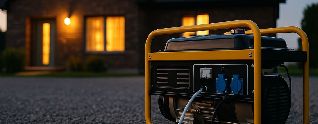 Portable generator outside a brick home at twilight, designed for blog cover use