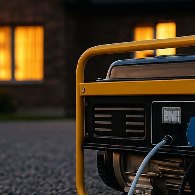 Portable generator outside a brick home at twilight, designed for blog cover use