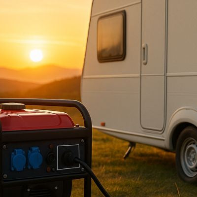 A portable generator connected to a caravan during sunset in an open grassy field
