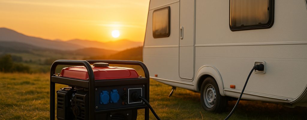 A portable generator connected to a caravan during sunset in an open grassy field