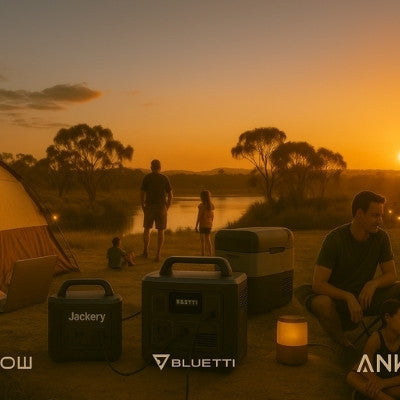 A panoramic image shows Australians enjoying outdoor life at sunset with EcoFlow, Jackery, Bluetti, and Anker portable power stations in use at a single serene riverside campsite