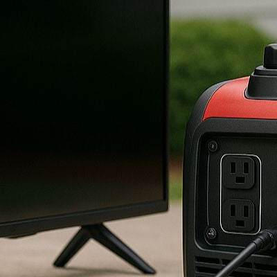Alternative angle showing a flat-screen TV connected to a red portable generator outdoors on a concrete surface