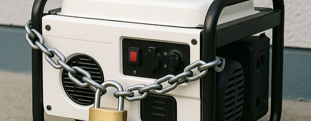 Daytime photo of a portable generator secured with a chain and brass padlock against a light gray wall.