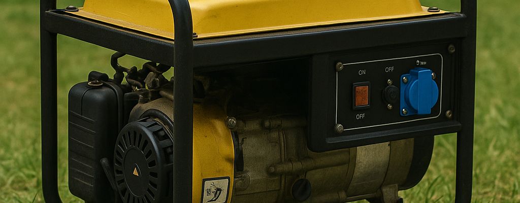 Portable gasoline-powered generator resting on grass with a weathered engine and control panel.