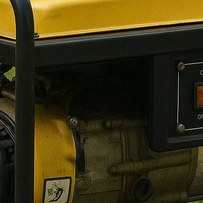 Portable gasoline-powered generator resting on grass with a weathered engine and control panel.