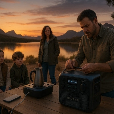 A photograph of a family of four camping by a lake at dusk with a Bluetti power station on a table