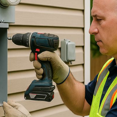 An electrician in a safety vest installs a transfer switch on a home's exterior wall in a garden setting.