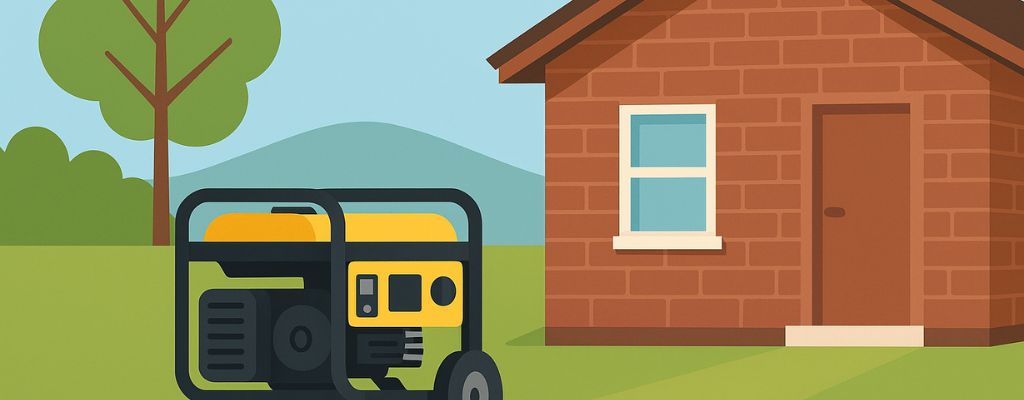 2D digital illustration of a portable generator placed safely outside a red brick house with a clear sky and green lawn.