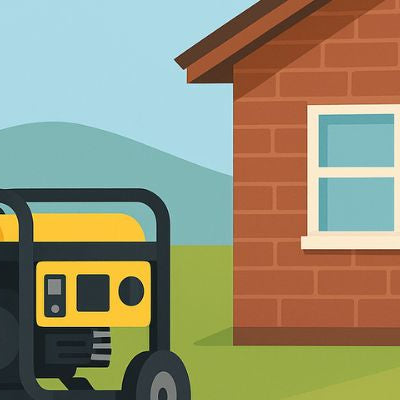 2D digital illustration of a portable generator placed safely outside a red brick house with a clear sky and green lawn.