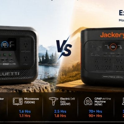 Side-by-side comparison of the Bluetti Elite 300 and Jackery Explorer 2000 Pro portable power stations, highlighting their specs, features, and suitability for outdoor adventures, with a scenic backdrop.