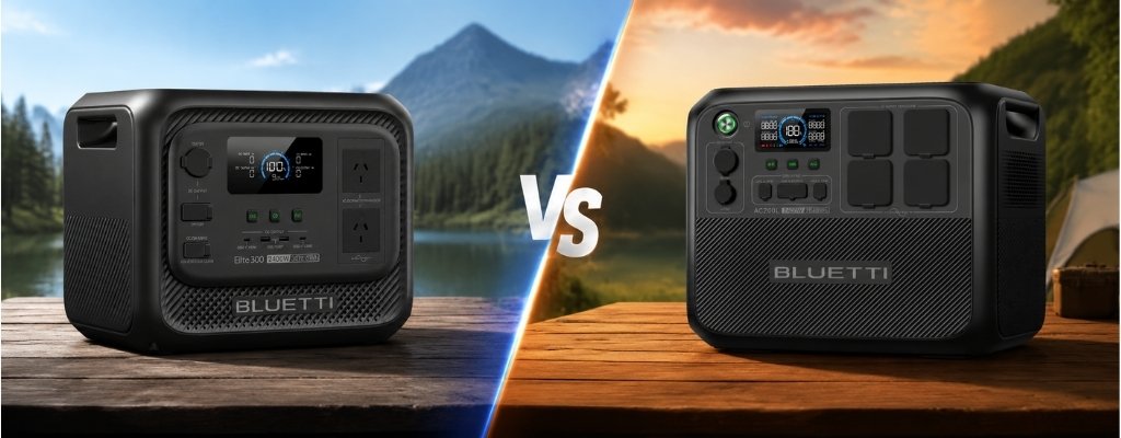 A comparative image of the BLUETTI AC200L and Elite 300 portable power stations in contrasting outdoor settings, highlighting their features with a "VS" design.