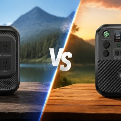 A comparative image of the BLUETTI AC200L and Elite 300 portable power stations in contrasting outdoor settings, highlighting their features with a "VS" design.