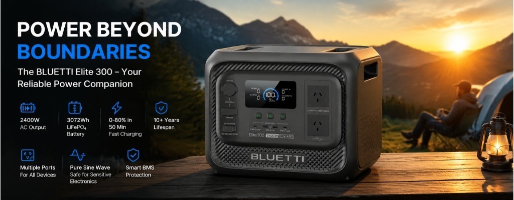 Bluetti Elite 300 portable power station in an outdoor sunset scene, showcasing its features like 2400W AC output, fast charging, and long-lasting battery life, ideal for camping and outdoor adventures.