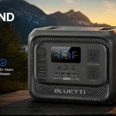 Bluetti Elite 300 portable power station in an outdoor sunset scene, showcasing its features like 2400W AC output, fast charging, and long-lasting battery life, ideal for camping and outdoor adventures.