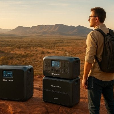 man comparing bluetti ac200l and ac300 modular power stations in australian outback