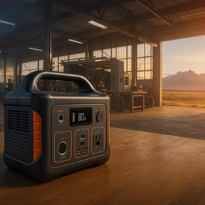 Modern portable power station with American factory and mountain landscape