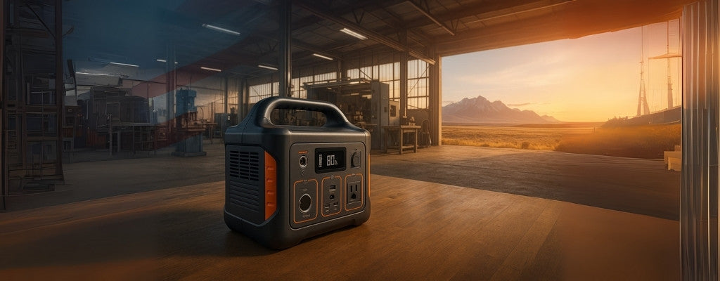 Modern portable power station with American factory and mountain landscape