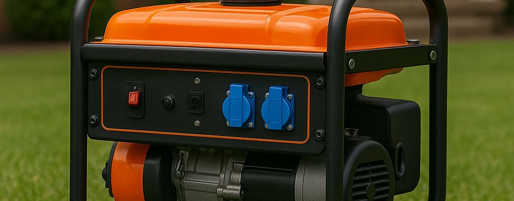 Bright orange generator on green lawn in front of suburban home