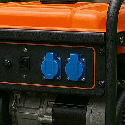 Bright orange generator on green lawn in front of suburban home