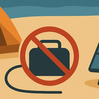Restricted generator use sign on Fraser Island above a beach camping scene