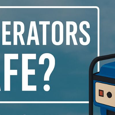 Blog cover image featuring the text "Are Generators Safe? Understanding and Mitigating the Risks" with a graphic of a blue portable generator on a cloudy sky background.