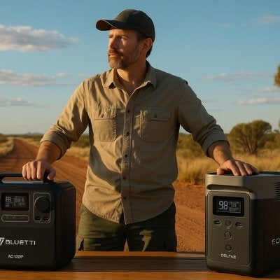 Australian outback road with man comparing Bluetti AC180P and EcoFlow Delta 2 portable power stations
