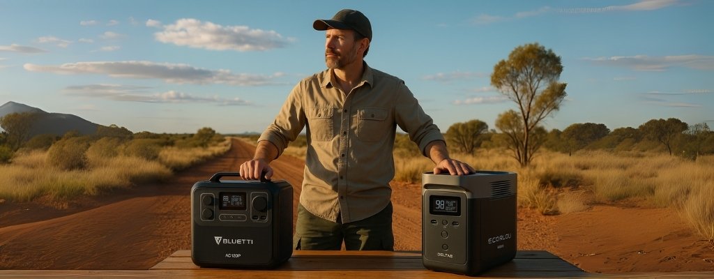 Australian outback road with man comparing Bluetti AC180P and EcoFlow Delta 2 portable power stations