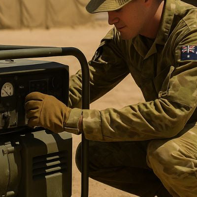 Australian soldier adjusting a portable military generator with tents and a Bushmaster vehicle in the background