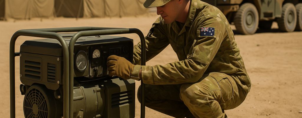 Australian soldier adjusting a portable military generator with tents and a Bushmaster vehicle in the background