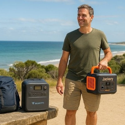 Australian lookout Bluetti AC180 on ground, Jackery 1000 V2 carried in hand