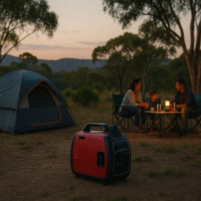 Australian bush camping with inverter generator powering evening setup