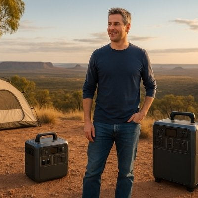 Australian campsite with man, two portable power stations, scenic landscape