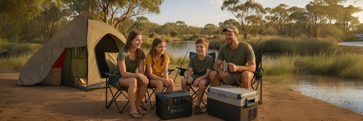 Australian family camping with Bluetti power station and fridge