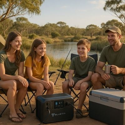 Australian family camping with Bluetti power station and fridge