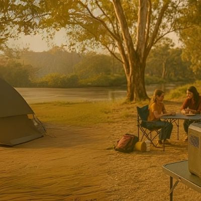 Aussie dad heating food with power station microwave at bush campsite