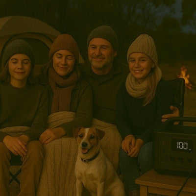 Australian family camping in cold weather with blankets and portable power station