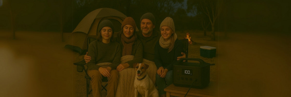 Australian family camping in cold weather with blankets and portable power station