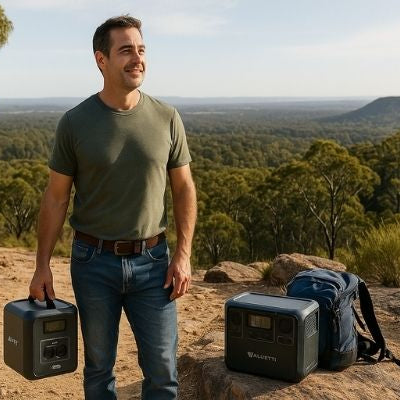 Wide Australian lookout scene showing Bluetti AC180 and Anker C1000 portable power stations