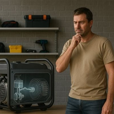 Australian man in garage viewing x-ray of portable generator inner workings