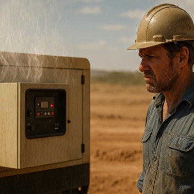 Australian man concerned generator overheating dusty worksite red warning light