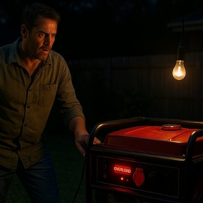 Australian man checking generator overload light during blackout night