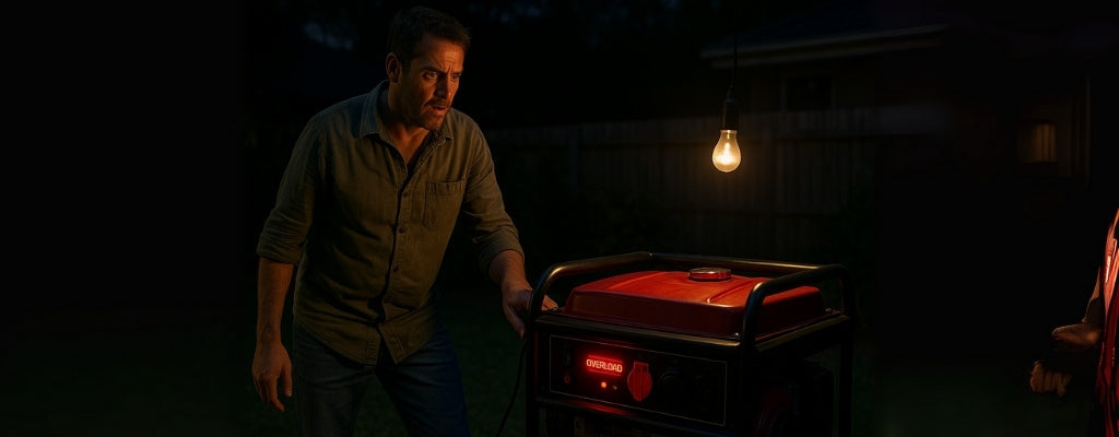 Australian man checking generator overload light during blackout night